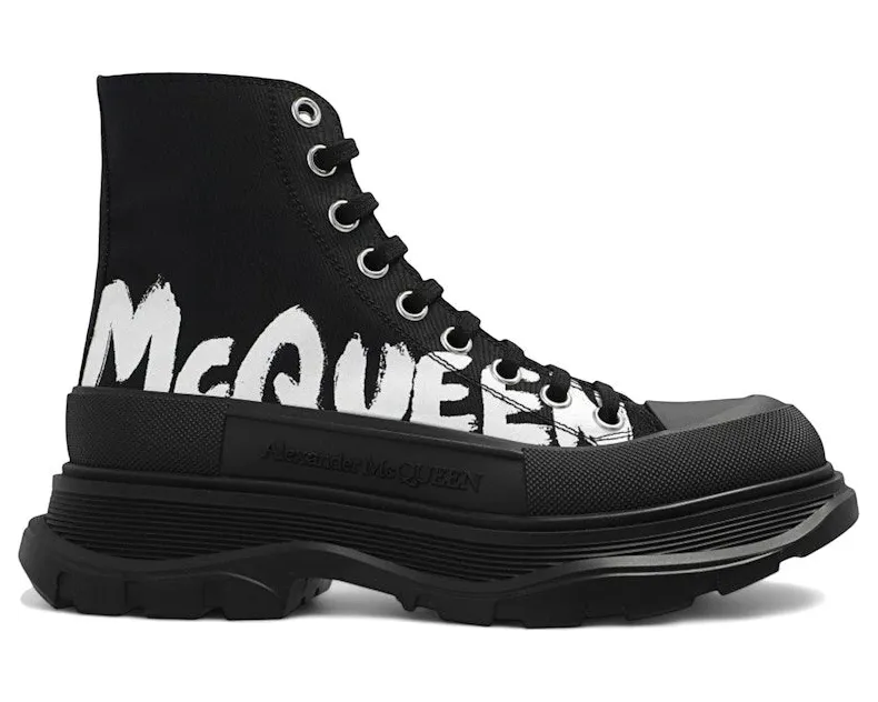 Alexander McQueen Tread Slick High Top Sneakers McQueen Graffiti Logo Black White (708752 W4RQ2 1006)
