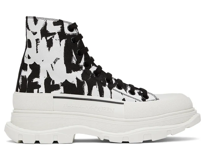 Alexander McQueen Black & White Graffiti Tread Slick Sneakers (705667W4TG4)