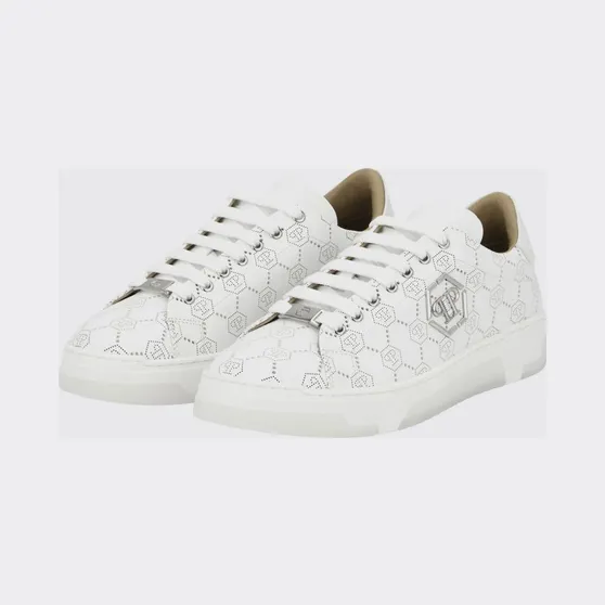 Philipp plein Low-Top Leather Sneakers with Rhinestone Hexagon Logo White (PAESUSC0770PLE010N01)