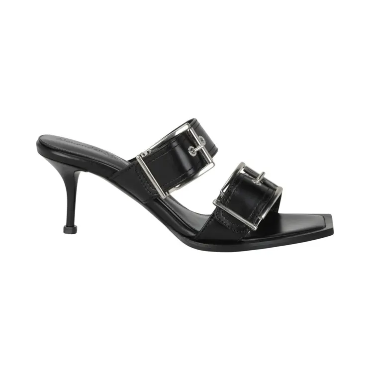 Alexander McQueen Double Buckle Punk 3 In Mules Black Silver (709991-WHSWD-1081)