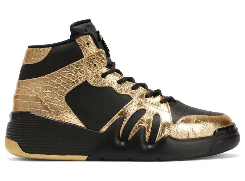 Giuseppe Zanotti Sneakers hautes talon» confectionnées en cuir noir et cuir lamé doré imprimé crocodile, avec doublure intérieure en tissu technique noir et lacets en coton assortis. ce modèle est doté d’une signature» en métal laqué noir sur la languette et d’une semelle (RU20021001)
