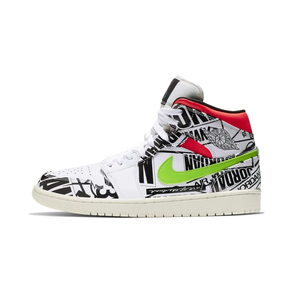 Jordan 1 Mid All Over Logos White/Racer Blue-Black-Cyber-Infrared 23-Sail (554724-119)