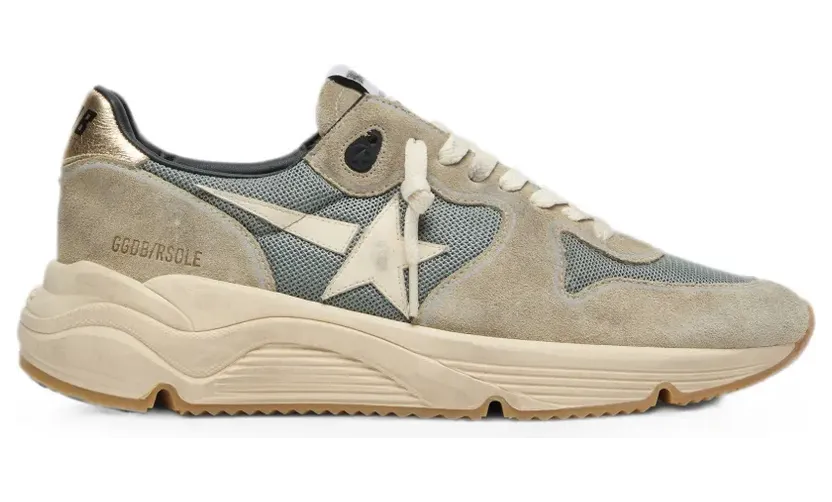 Golden Goose Running Sole Sneakers aus grauem Veloursleder mit weißem Stern und weißer Fersenkappe – Nude (GMF00126F006338)
