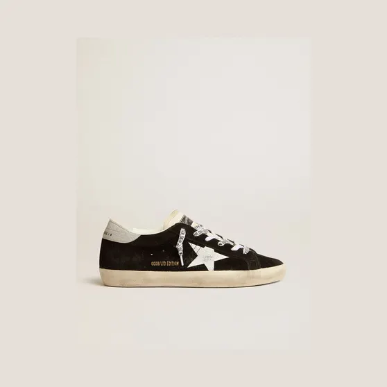 Golden Goose Super-Star Ltd In Black Suede With White Printed Star And Silver Glitter Heel Tab (GWF00661.F005166.90220)