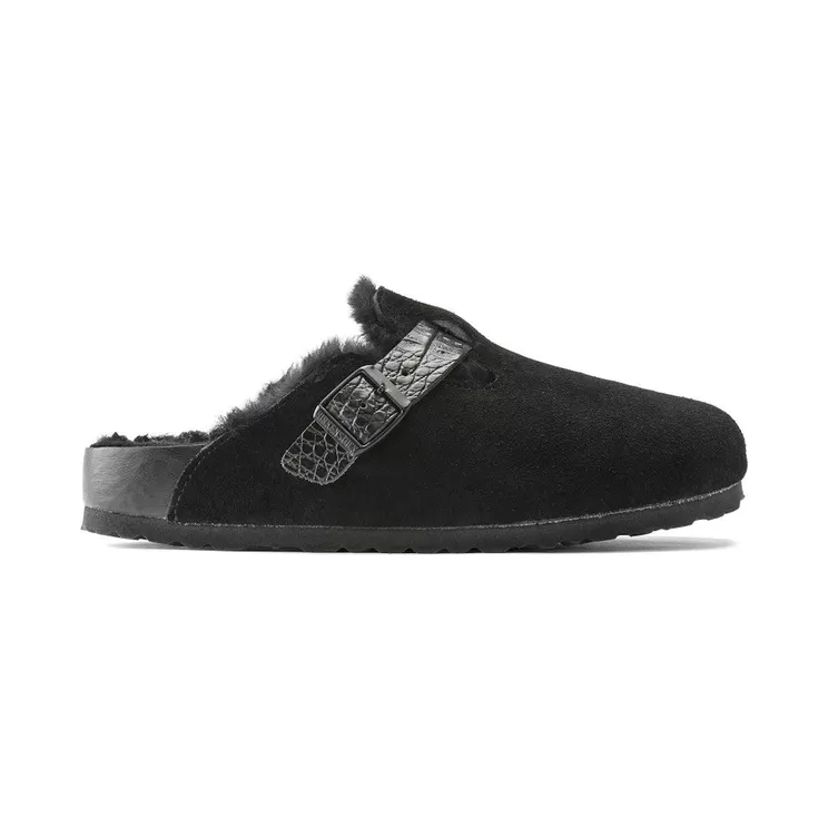 Birkenstock Boston Shearling Suede Reptile Embossed Strap Black (1021009)
