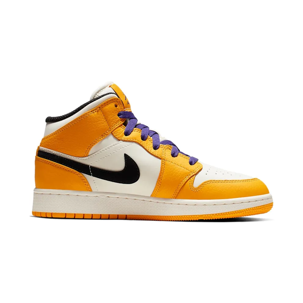 Jordan 1 Mid SE Lakers (GS) University Gold/Black-Pale Ivory-Court Purple-Sail (BQ6931-700)