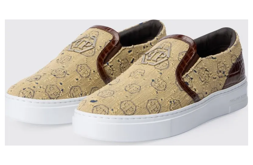 Philipp plein Canvas Sneakers with Hexagon Jacquard Brown (SAFSUSC0919PDE037C04)