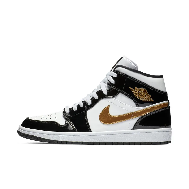 Air Jordan Nike AJ I 1 Mid Patent Black White Gold (852542-007)