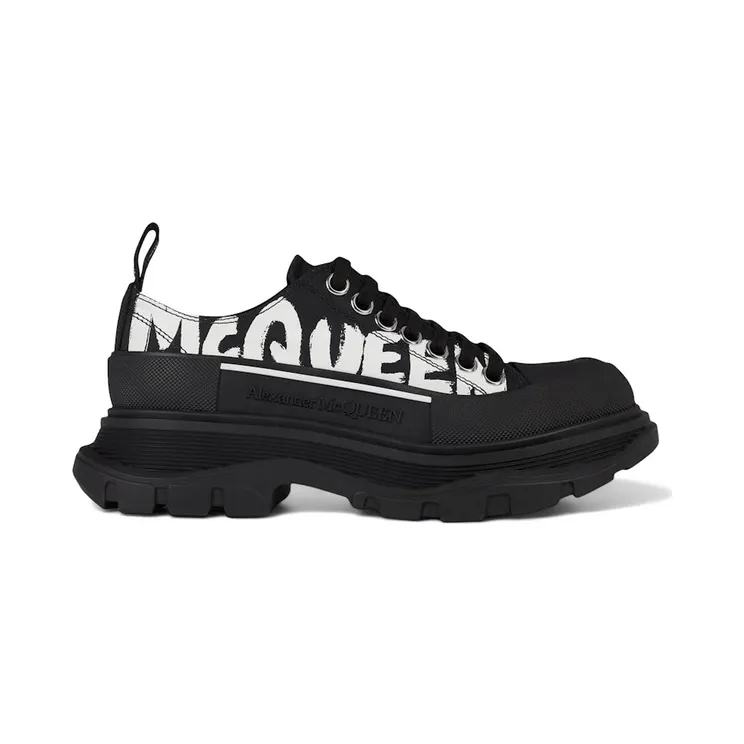 Alexander McQueen Tread Slick Low Lace Up McQueen Graffiti Logo Black White (708753 W4RQ2 1006)