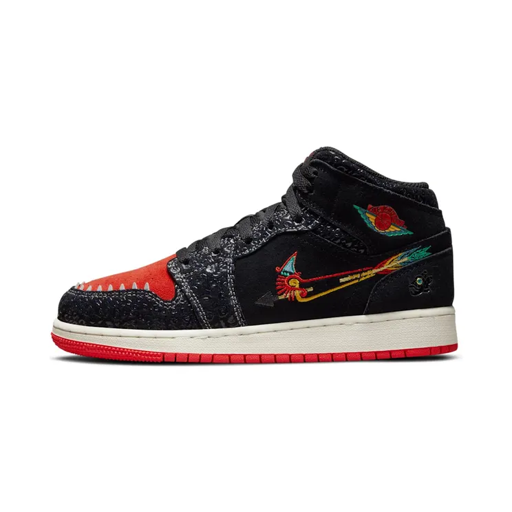 Jordan 1 Mid Siempre Familia (GS) “Black / Sail / Roma Green / Chile Red” (DN5121-001)