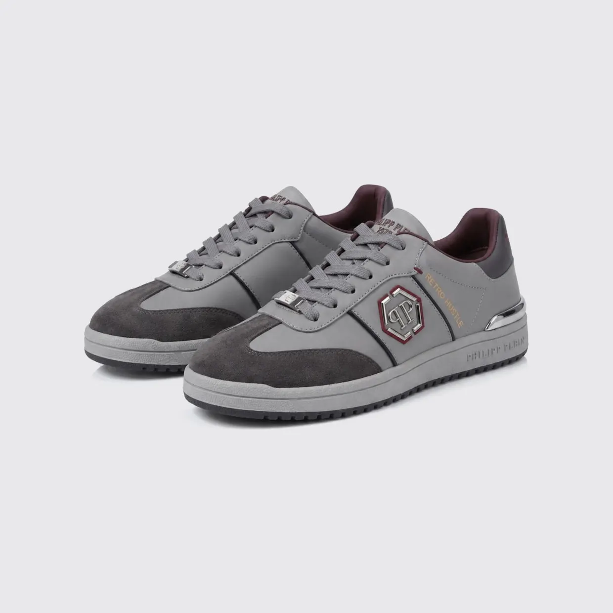 Philipp plein Retro Hustle Leather Sneakers with Hexagon Logo Grey (AAFSUSC1062PLE022N10)