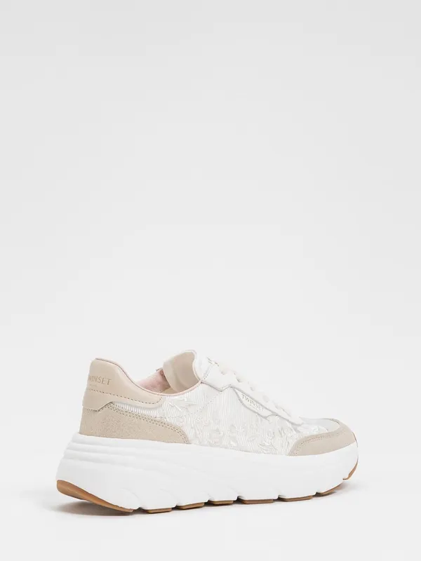 Twinset Embroidered Leather and Twill Low-Top Sneakers with Suede Details White 1 (261TGT11413540)