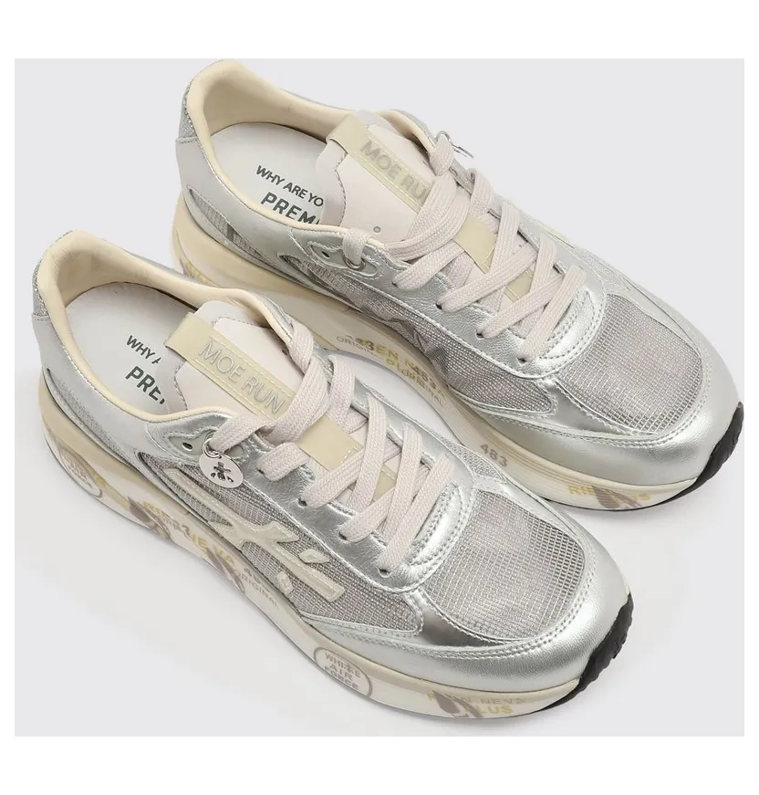 Premiata Moerund Laminated Leather and Mesh Sneakers Silver (MOERUND8084)