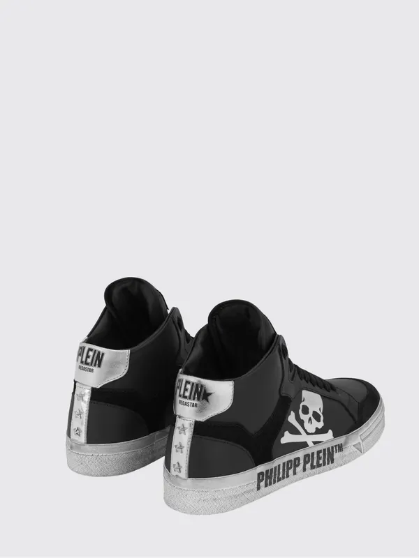 Philipp plein High-Top Skull Sneakers in Leather and Suede with a Worn Effect Black (UAESUSC0890PLE005N0270) (2)