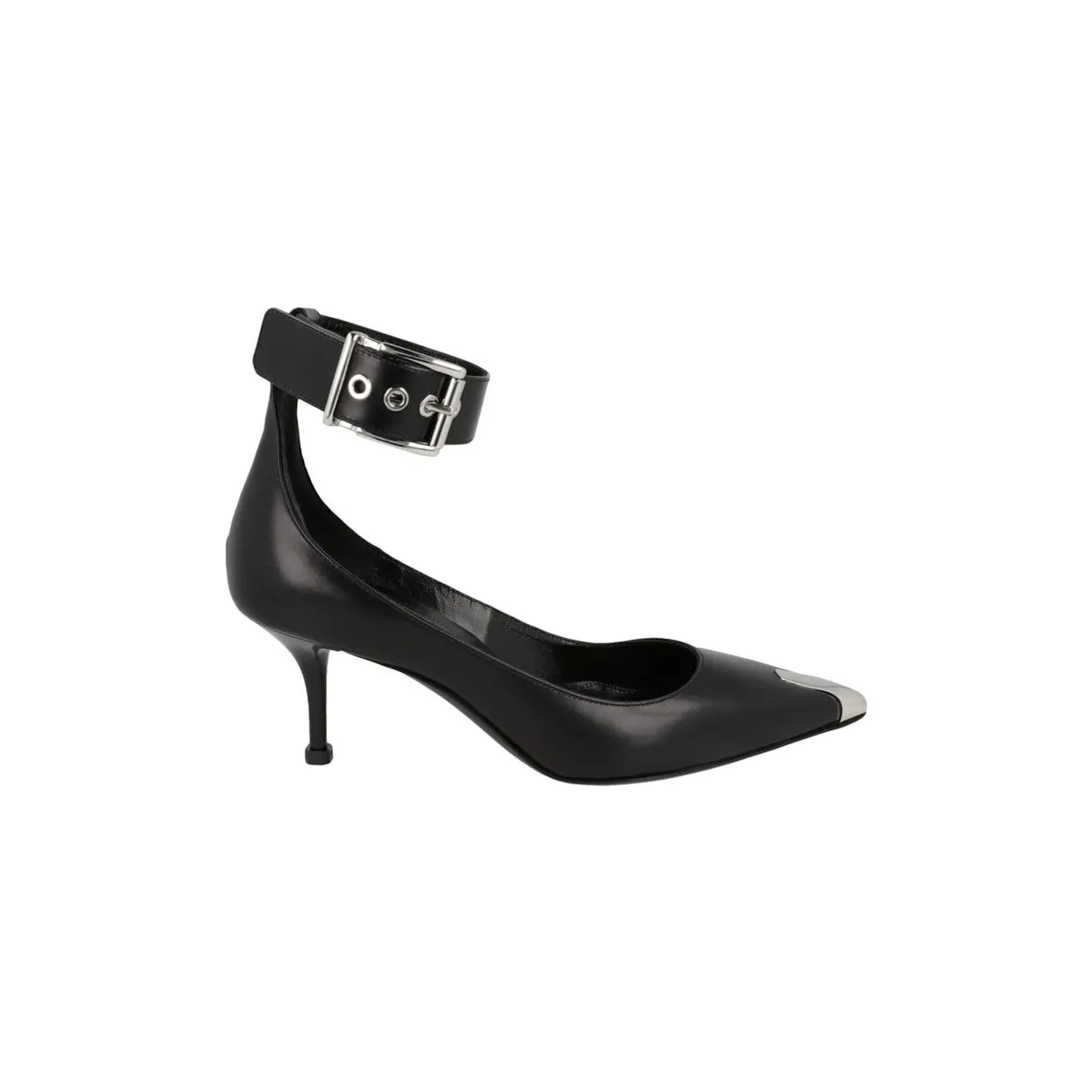Alexander McQueen Buckle Leather Heels Black Silver (709995 WHSWD 1081)