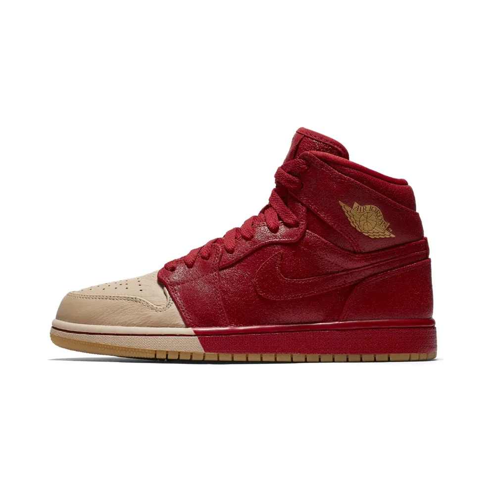 Air Jordan Womens Nike AJ I 1 Retro High Premium PRM ‘Dipped Toe Pack’ Red Tan (2018) (AH7389-607)