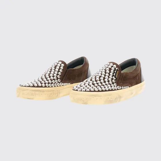 Golden goose Penstar Slip-On Suede Sneakers with Studs and Distressed Effect Brown (GWF00306F00876355381)