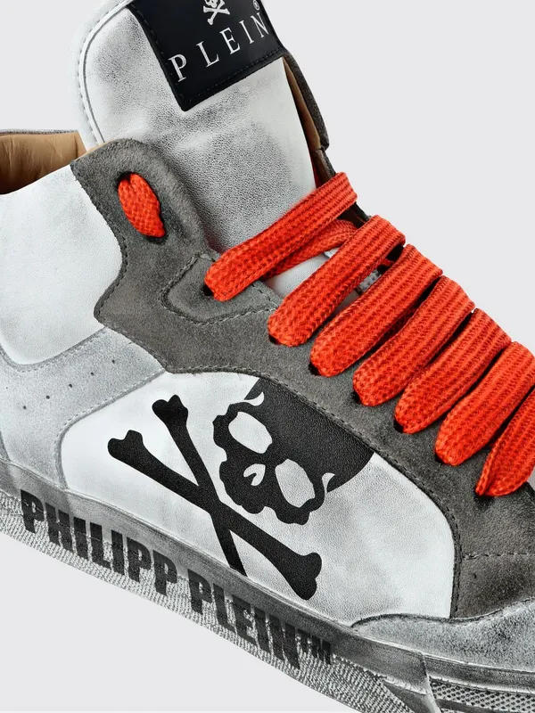 Philipp plein High-Top Skull Sneakers in Leather and Suede with a Worn Effect White 1 (UAESUSC0890PLE005N0186) (2)