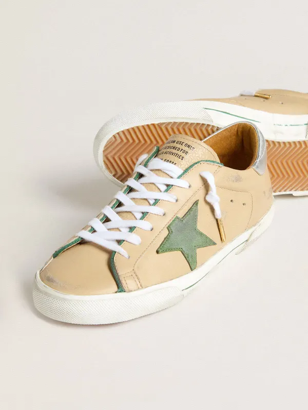 Golden Goose Super-Star Ltd In Beige Leather With Green Suede Star And Silver Foiled Leather Heel Tab (GMF00101.F007331.15766) (3)