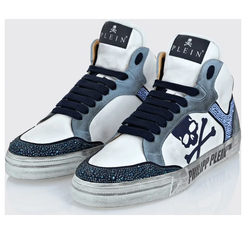 Philipp plein Retrokickz TM High-Top Sneakers in Leather and Suede with Rhinestones and Skull White (AADSUSC0681PLE075N0108)