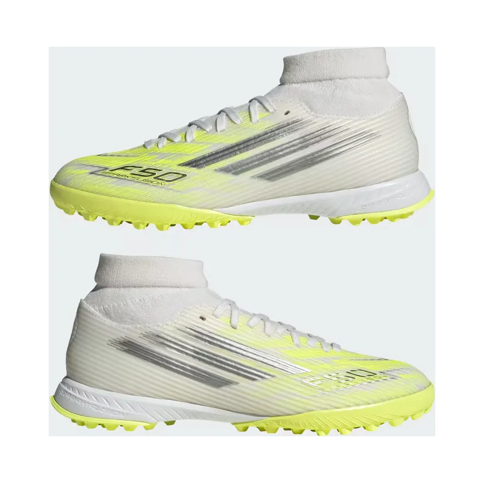 adidas F50 Sparkfusion League Mid Cut Turf Football Shoes Womens “Cloud White / Iron Metallic / Hi-Res Yellow” (JR9004)