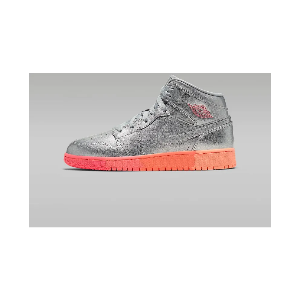 Jordan 1 Mid Sunrise (GS) Metallic Silver/Racer Pink-Wolf Grey-Hot Punch (555112-006)