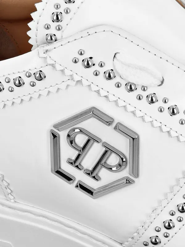 Philipp plein Brushed Leather Low-Top Sneakers with Embroidered Monogram White (FADSMSC3980PLE010N01) (3)