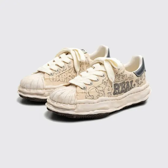Maison Mihara Yasuhiro Blakey OG Used Effect Printed Cotton Canvas Sneakers White (A16FW730WHITE)