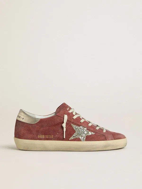 Golden Goose Super-Star Ltd In Red Suede With Silver Glitter Star And Laminated Leather Heel Tab (GWF00101.F007867.40399)