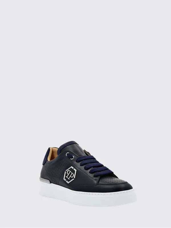 Philipp plein Leather Low-Top Sneakers with Monogram Pattern and Applied Hexagon Logo Blue (SADSUSC0538PLE022N14)