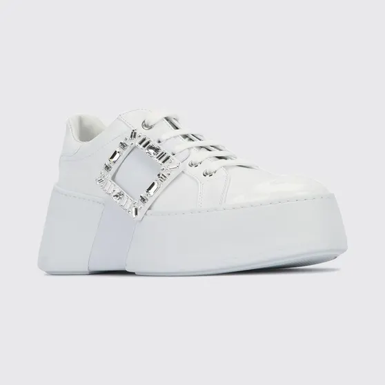 Roger Vivier Viv’ Skate Calf Leather Trainers with Jewel Buckle and Platform Sole White (RVW73729110LXQB001)