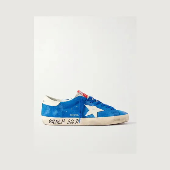 Golden Goose Super-Star Distressed Leather-Trimmed Suede Sneakers Blue (GMF00101.F008116)