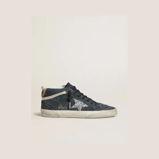 Golden Goose Mid Star In Petrol-Blue Suede With Silver Glitter Star And Cotton Flash (GWF00122.F007917.50970)