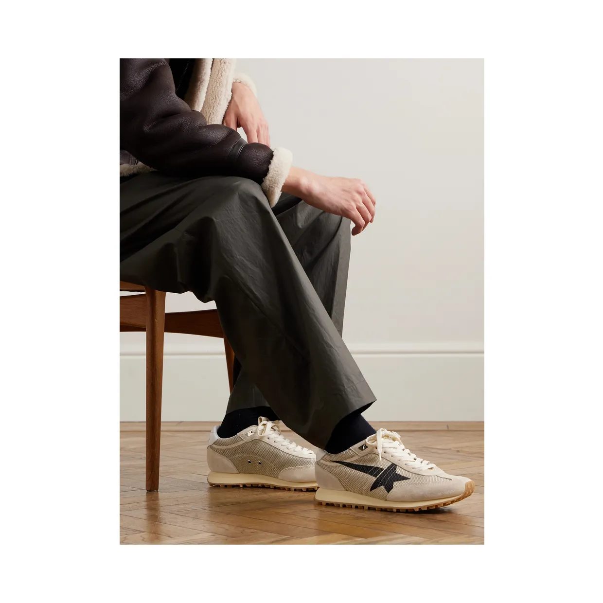 Golden Goose Marathon Distressed Suede-Trimmed Printed Mesh Sneakers Beige (GMF00683.F007840) (2)