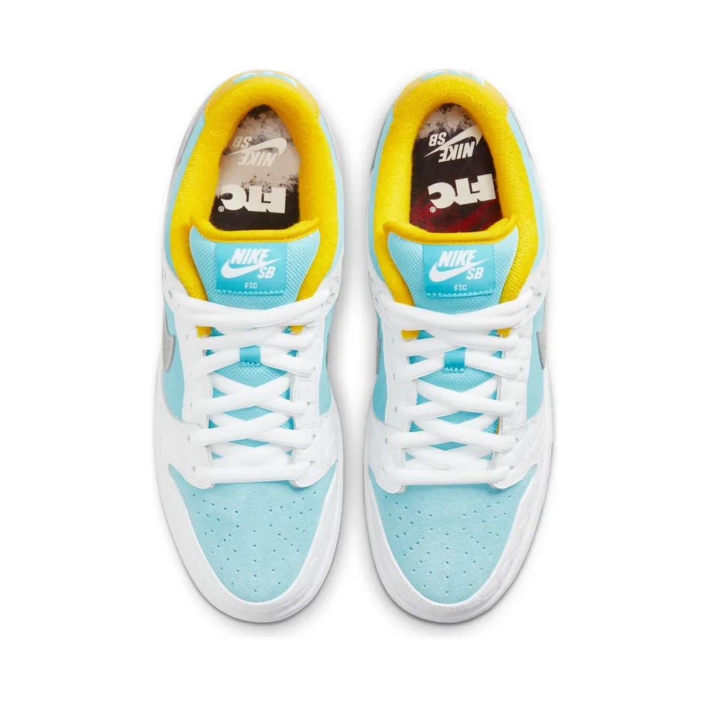Nike x FTC SB Dunk Low (2021) – “White / Lagoon Pulse-metallic Silver-speed Yellow” (DH7687-400)