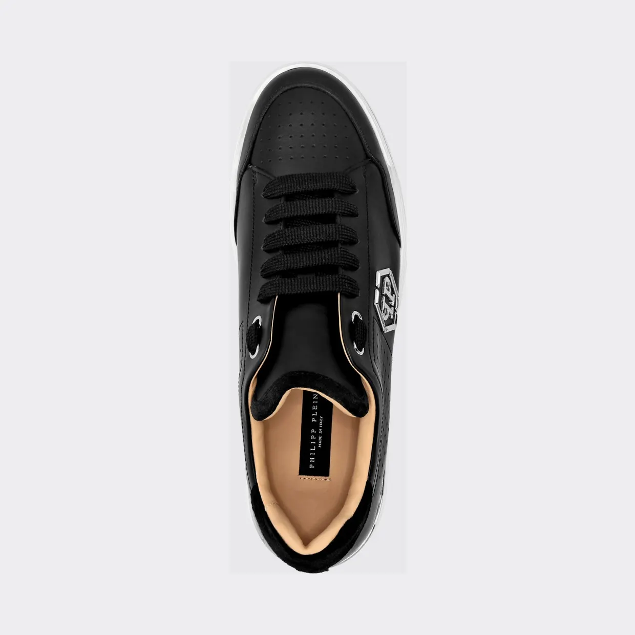 Philipp plein Leather Low-Top Sneakers with Monogram Pattern and Applied Hexagon Logo Black (SADSUSC0538PLE022N02) (3)