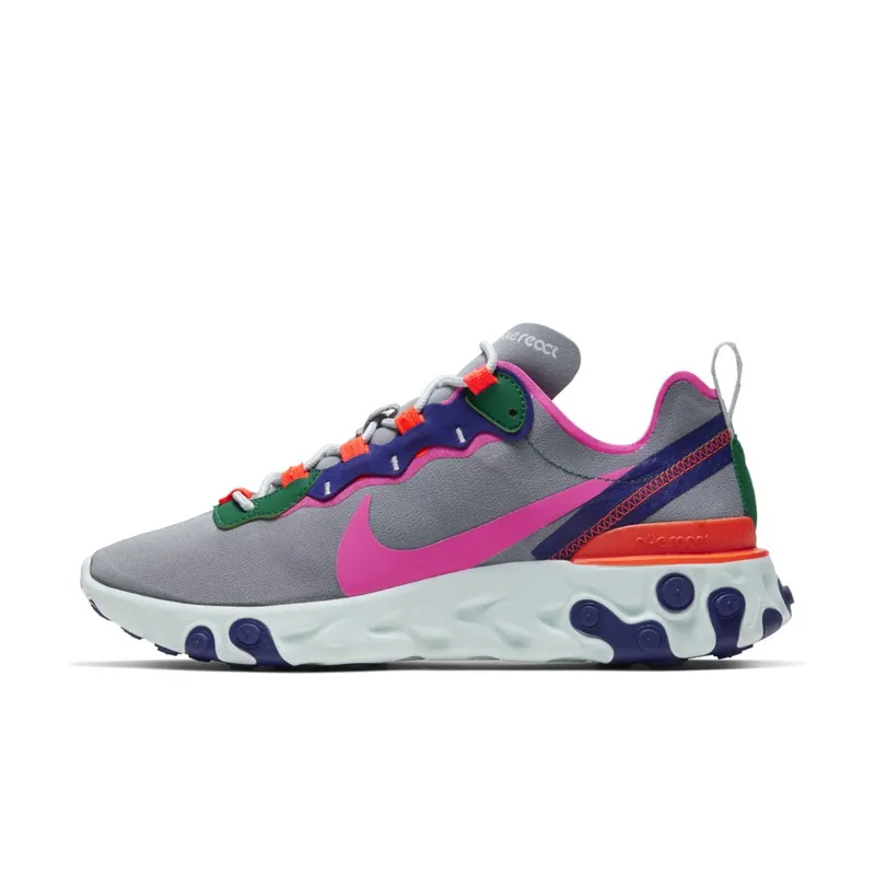 Nike React Element 55 Wolf Grey Multi-Color (W) Wolf Grey/Hyper Crimson-Mystic Green-Laser Fuchsia (BQ2728-006)