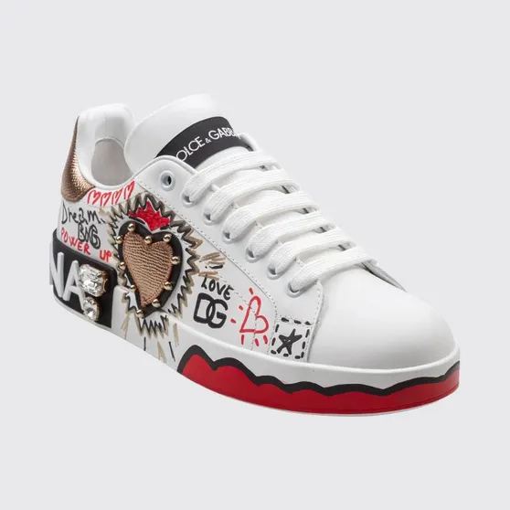 Dolce & Gabbana Portofino Low-Top Sneakers in Calfskin with Studs and Rhinestones White (CK2466A3L908G022)