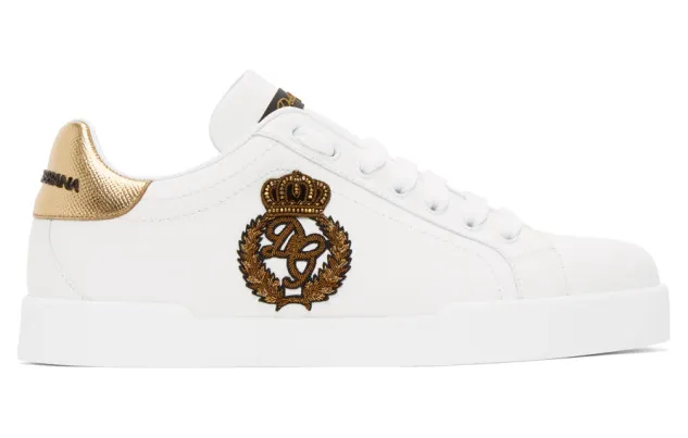 Dolce and Gabbana White and Gold Crest Portofino Sneakers (CS1761AH1368I047)
