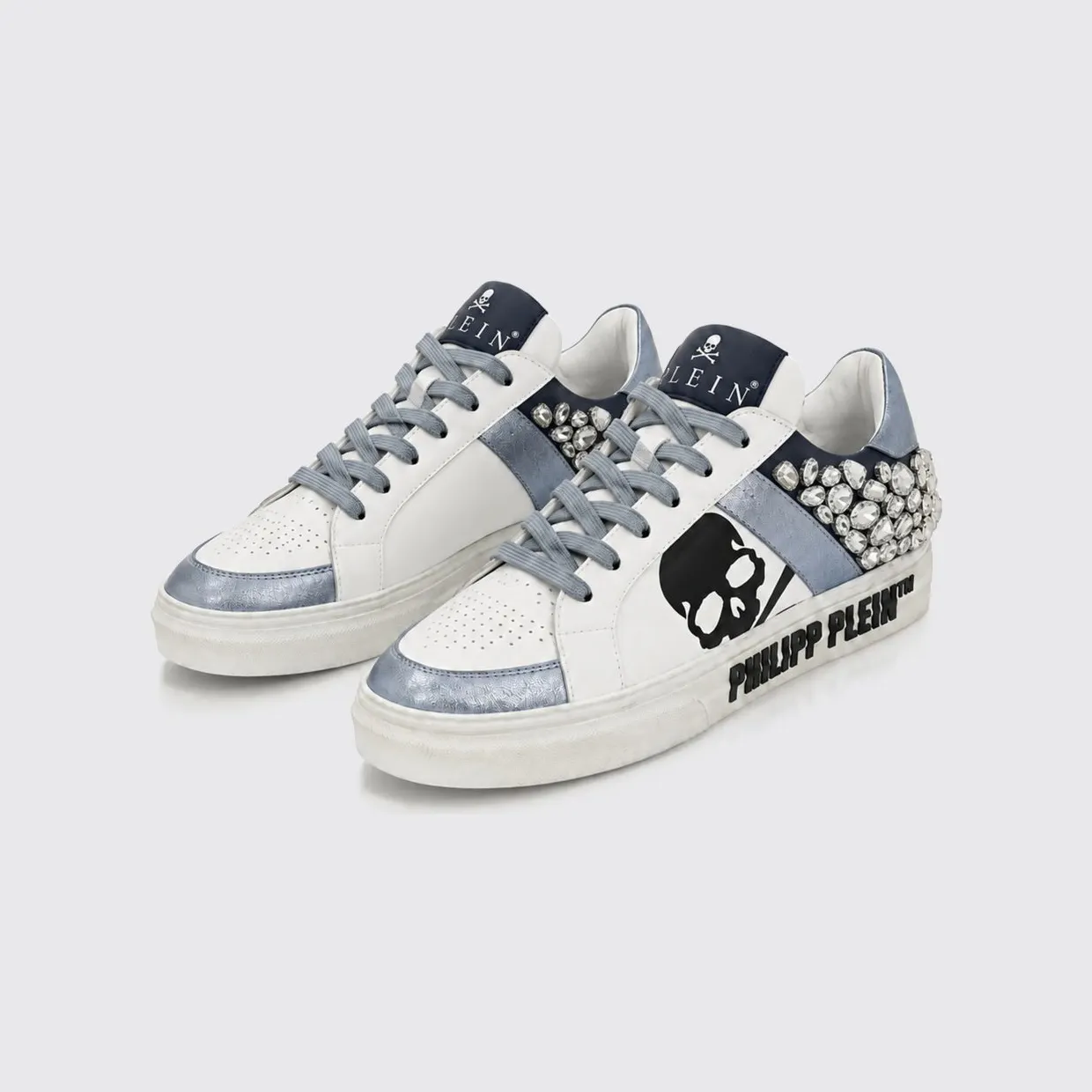 Philipp plein Skull Print Leather Low-Top Sneakers with Crystals Blue (AAFSWSC2808PLE005N0714)