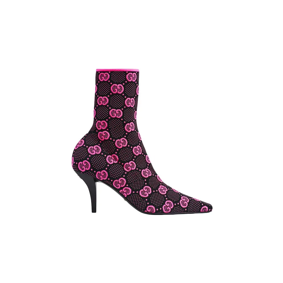 Gucci GG 75mm Knit Ankle Boots Black Fluorescent Pink Fabric (718378 FAAQP 8610)
