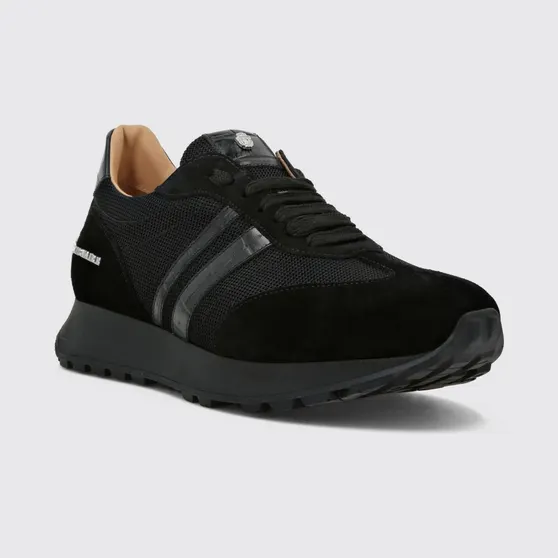 Billionaire Two-Tone Suede and Mesh Low-Top Trainers with Metallic Logo Black (RAESMSC4068BCO024N0202)