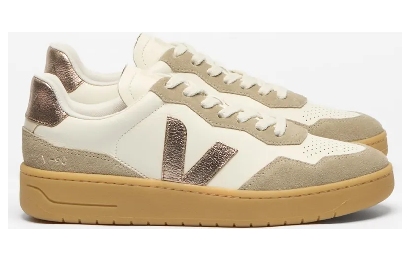 Veja V-90 Sustainable O. T. Leather Sneakers with Contrast Logo Cream (VD2021724)