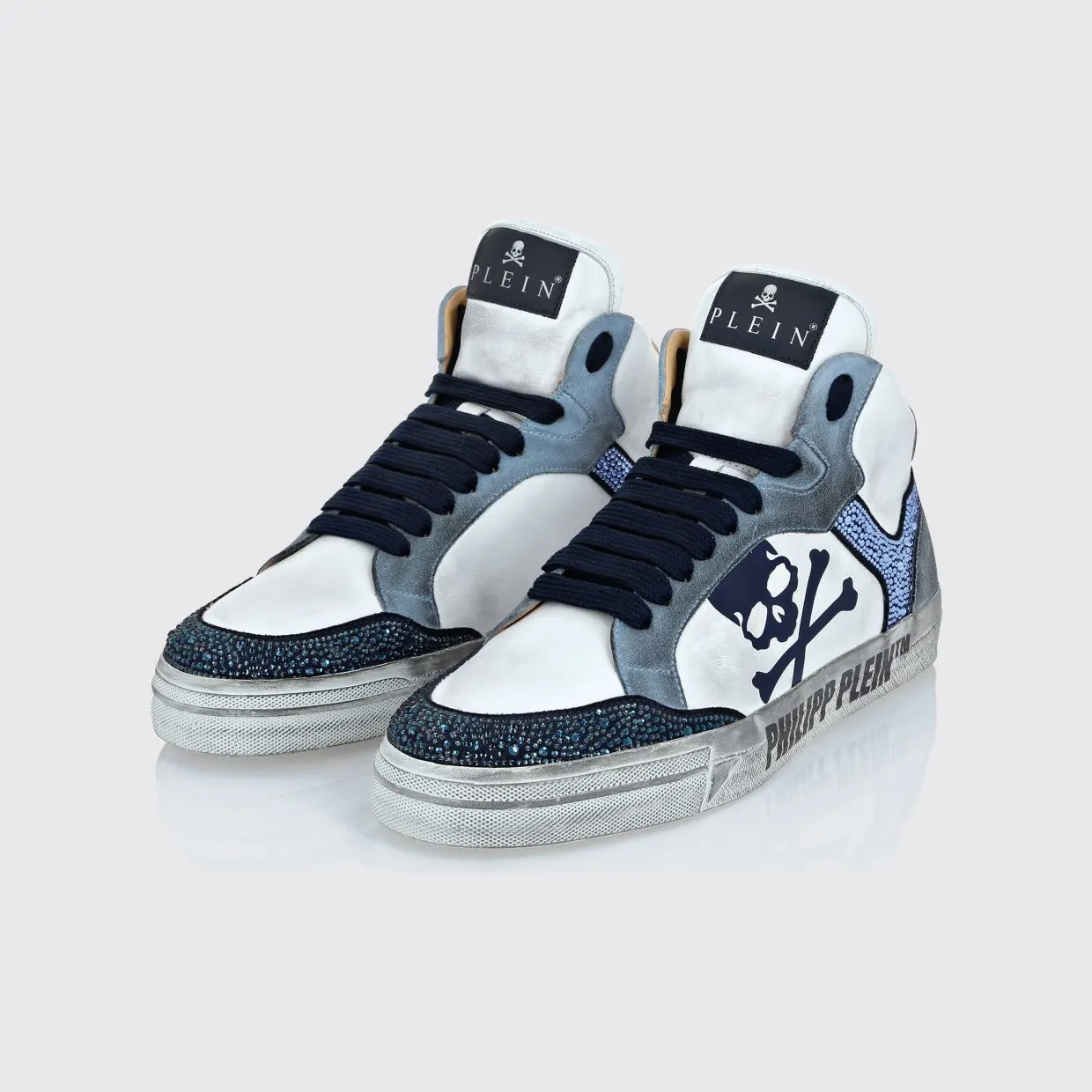 Philipp plein Retrokickz TM High-Top Sneakers in Leather and Suede with Rhinestones and Skull White (AADSUSC0681PLE075N0108)