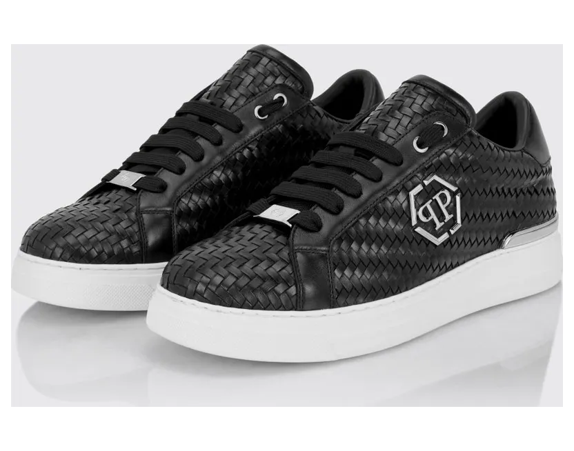 Philipp plein Woven Leather Low-Top Sneakers with Hexagon Logo Black (FAFSMSC4090PLE010N02)