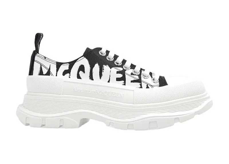 Alexander McQueen Tread Slick Low Lace Up Graffiti Shoes Black White (708753W4RQ21041)
