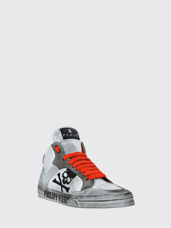 Philipp plein High-Top Skull Sneakers in Leather and Suede with a Worn Effect White 1 (UAESUSC0890PLE005N0186)