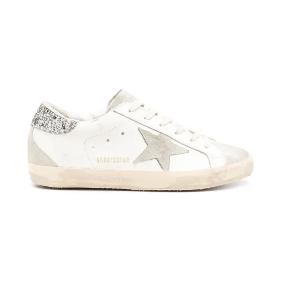Golden Goose Super-Star mit grauem Stern und silberfarbenem Glitter-Absatz “White” (GWF00102F004712)
