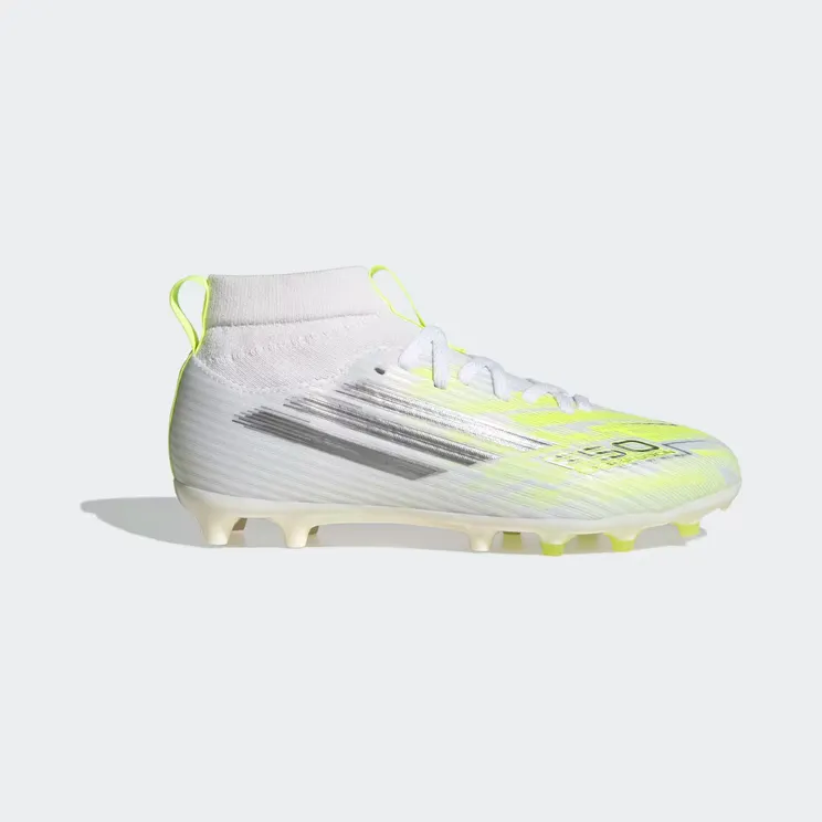 adidas F50 Sparkfusion League Mid Cut Firm Ground / Artificial Ground Football Boots Kids “Cloud White / Iron Metallic / Hi-Res Yellow” (IH1772)