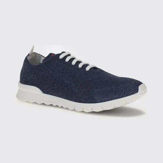 Kiton Low Top Sneakers in Stretch Cotton Knit with Lettering Logo Indigo (USSFITSN0084772INDACO)